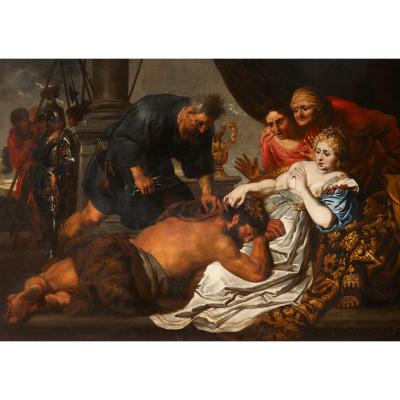 Large antique oil painting of Samson and Delilah after Anthony van Dyck