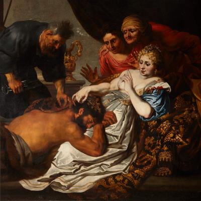 Large antique oil painting of Samson and Delilah after Anthony van Dyck
