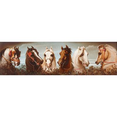 Large antique painted ceramic equestrian plaque