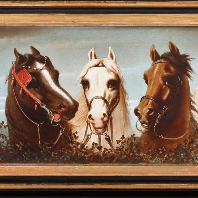 Large antique painted ceramic equestrian plaque