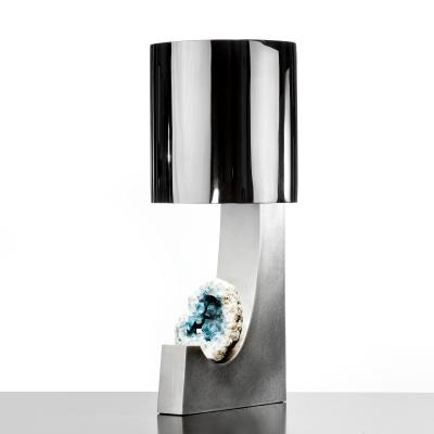 Large brushed and polished steel table lamp with celestite mineral detail 