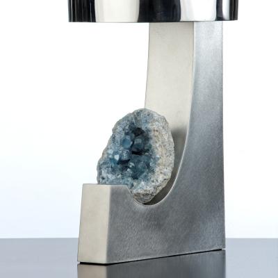 Large brushed and polished steel table lamp with celestite mineral detail 