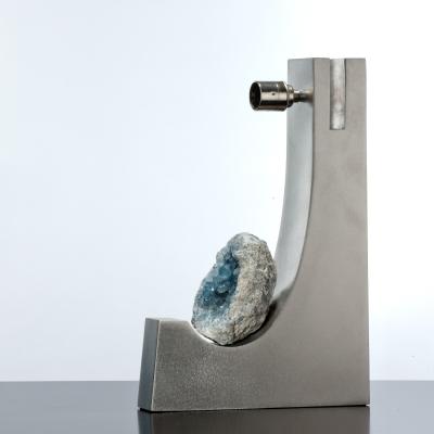Large brushed and polished steel table lamp with celestite mineral detail 
