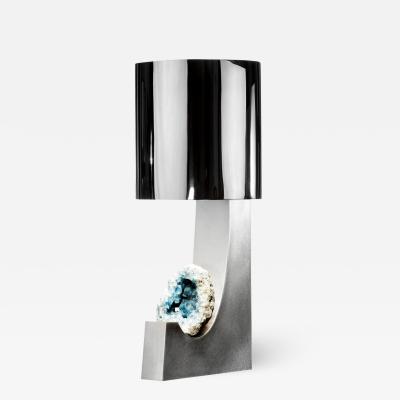 Large brushed and polished steel table lamp with celestite mineral detail 