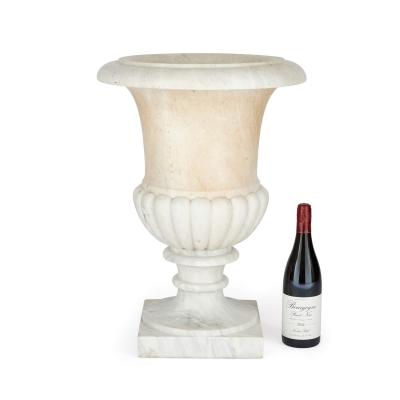 Large carved white marble campagna form garden urn