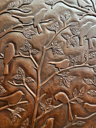Large carved wood panel decorated with birds Christopher Guy circa 2000