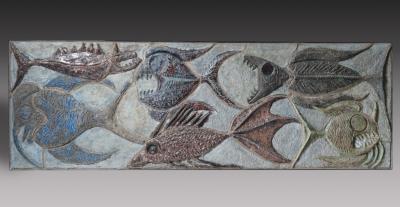 Large ceramic panel decorated with fish Belgium 1969