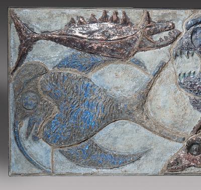 Large ceramic panel decorated with fish Belgium 1969