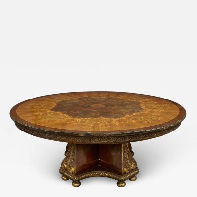 Large circular centre table adorned with gilt bronze and marquetry