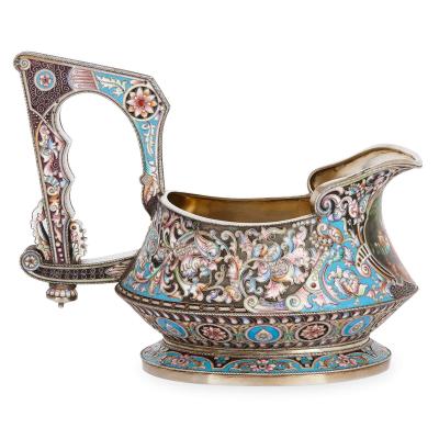 Large cloisonn enamel and silver kovsh