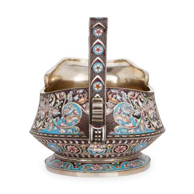 Large cloisonn enamel and silver kovsh