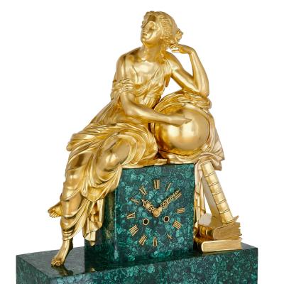 Large gilt bronze and malachite Charles X style mantel clock