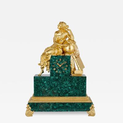 Large gilt bronze and malachite Charles X style mantel clock