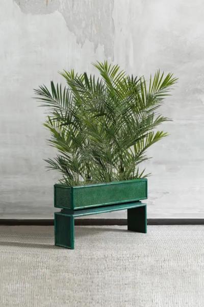 Large green planter with bamboo legs and Vienna straw 1980s