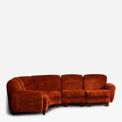 Large modular velvet sofa with wooden feet Italy 1980