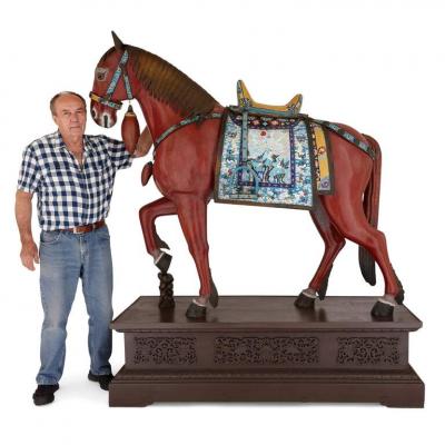 Large pair of Chinese cloisonn enamel horse sculptures