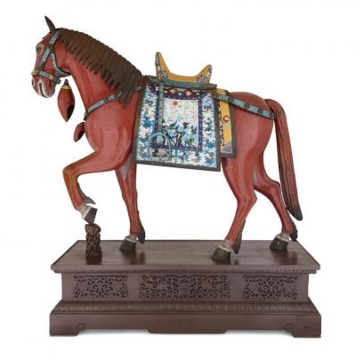 Large pair of Chinese cloisonn enamel horse sculptures
