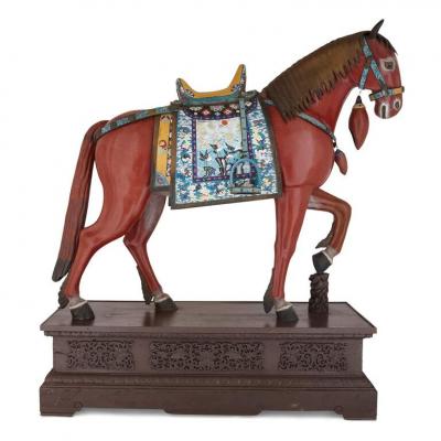 Large pair of Chinese cloisonn enamel horse sculptures