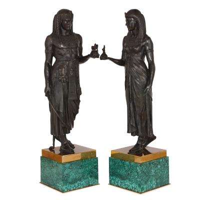 Large pair of Empire style patinated bronze sculptures