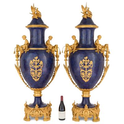 Large pair of French Neoclassical style ormolu and lapis lazuli vases