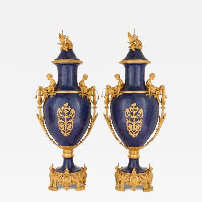 Large pair of French Neoclassical style ormolu and lapis lazuli vases