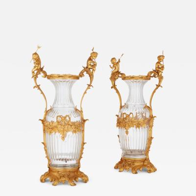 Large pair of French Rococo style ormolu mounted cut glass vases