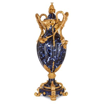 Large pair of Rococo style gilt bronze and blue ceramic vases