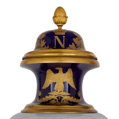 Large pair of S vres style porcelain Napoleonic vases with ormolu mounts