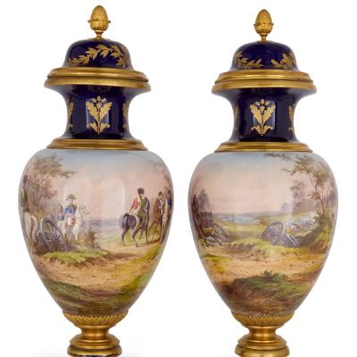 Large pair of S vres style porcelain Napoleonic vases with ormolu mounts