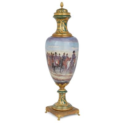 Large pair of S vres style porcelain vases with Napoleonic scenes