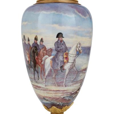 Large pair of S vres style porcelain vases with Napoleonic scenes
