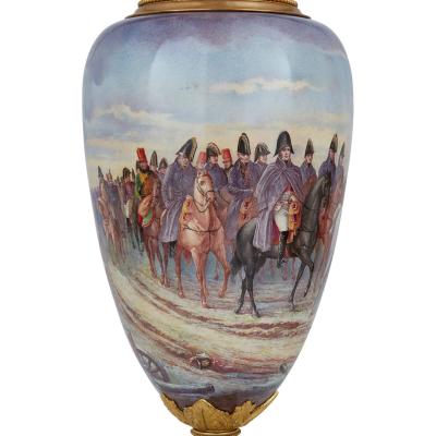 Large pair of S vres style porcelain vases with Napoleonic scenes
