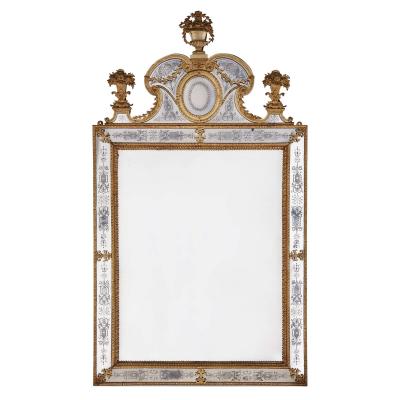 Large pair of Swedish gilt metal and engraved glass mirrors after Precht