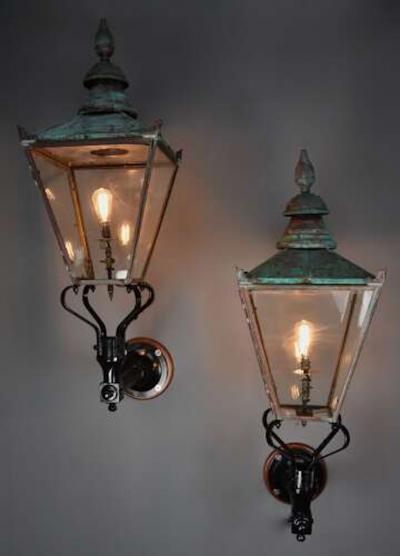 Large pair of Windsor style copper street lanterns supported on wall brackets