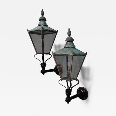 Large pair of Windsor style copper street lanterns supported on wall brackets