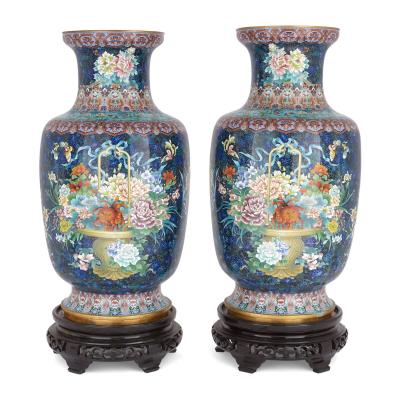 Large pair of floral Chinese cloisonn enamel vases on wooden plinths