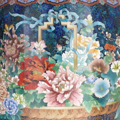 Large pair of floral Chinese cloisonn enamel vases on wooden plinths