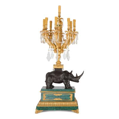 Large pair of ormolu and malachite rhino table candelabra