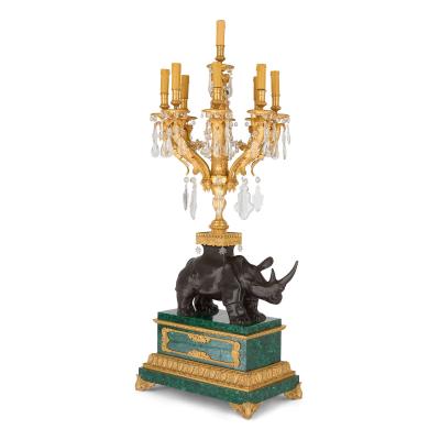 Large pair of ormolu and malachite rhino table candelabra