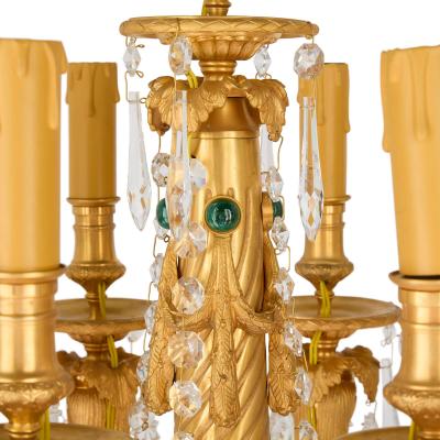 Large pair of ormolu and malachite rhino table candelabra