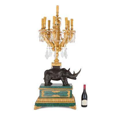 Large pair of ormolu and malachite rhino table candelabra