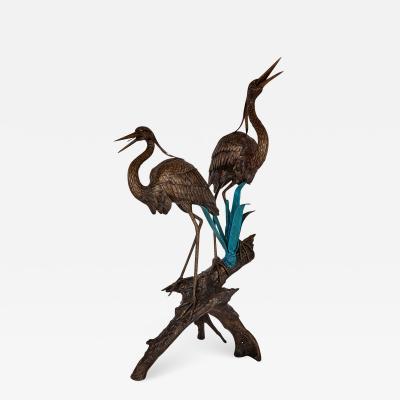 Large patinated bronze fountain with heron sculptures