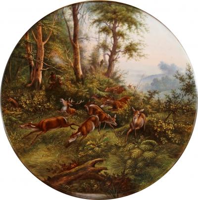 Large porcelain plaque of a hunting scene by Haak 1874