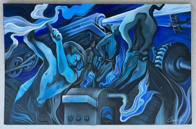 Large scale WPA Style Painting by Chicago Artist Amelia Helper with Locomotive