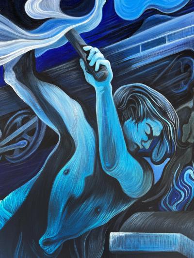 Large scale WPA Style Painting by Chicago Artist Amelia Helper with Locomotive