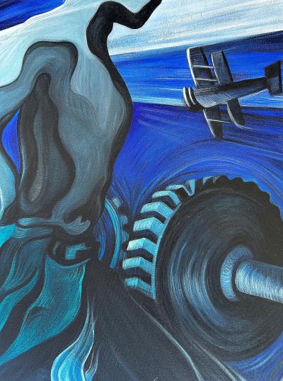 Large scale WPA Style Painting by Chicago Artist Amelia Helper with Locomotive