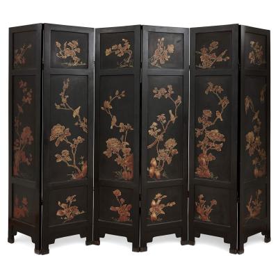 Large six panelled Chinese hardstone and lacquered folding screen
