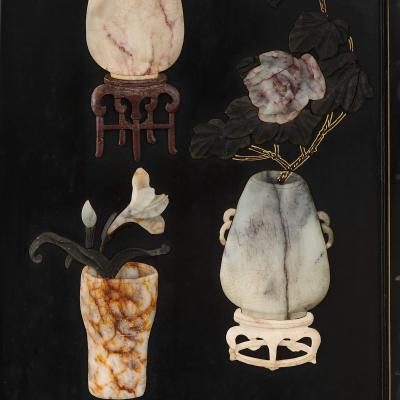 Large six panelled Chinese hardstone and lacquered folding screen