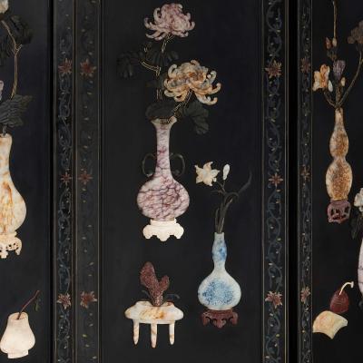 Large six panelled Chinese hardstone and lacquered folding screen