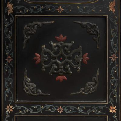 Large six panelled Chinese hardstone and lacquered folding screen